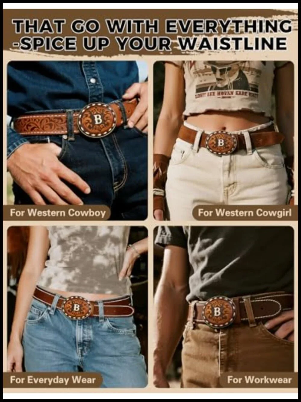 Western Initial Belt Buckle Genuine Leather Alloy A-Z 1.5 Inch